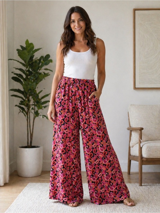 Jessica London Pants - Jessica London Pink Paisley Wide-Leg Palazzo Pants